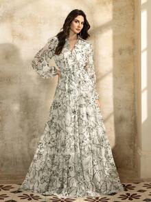 Faeriesty Elegant Shirt Collar Printed Mid-Length Dress: Layered Ruffle Hem Puff Sleeve Dress, Front Button Closure, Adjustable Waist Tie, Lightweight And Flowing Fabric - Perfect For Garden Weddings, Boho Bride Photoshoots, Romantic Getaways, Outdoor Celebrations, And Destination Vacations. Party - White - View 4