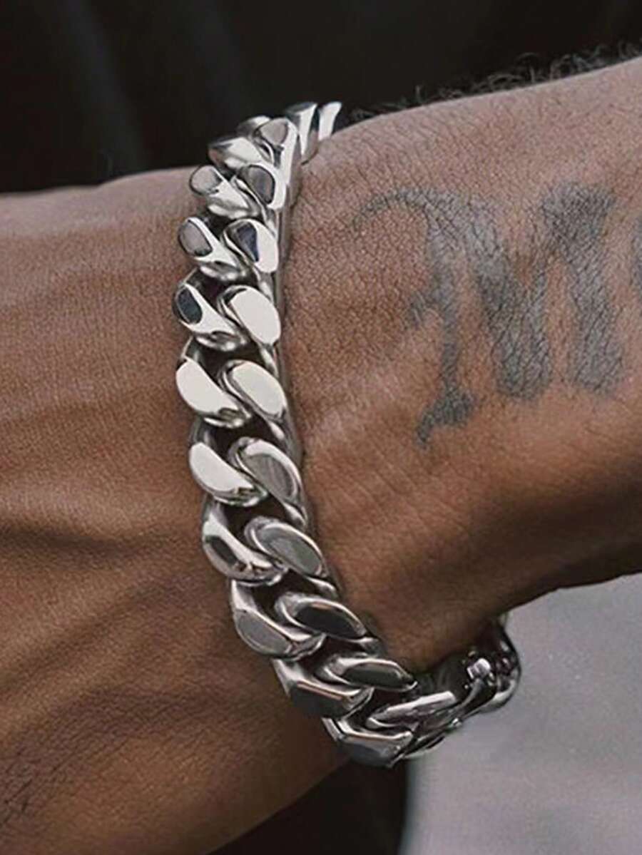 1pc Men's Simple Thick Chain Bracelet, Suitable For Daily, Business And Casual Wear, Couples Bracelet