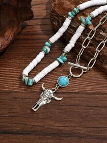 2pcs/Set Hippie Bohemian Soft Clay Bead Necklace With Turquoise Bull Head Pendant, Handmade Beaded Choker Necklace, Vintage Suitable For Women's Daily Outfit, Decoration And Party/Holiday Wear - Multicolor - View 3