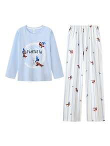 2pcs Disney Magic Mickey Mouse Cotton Cartoon Blue Long Sleeve Pajama Set For Women, Spring/Autumn - Baby Blue - View 8