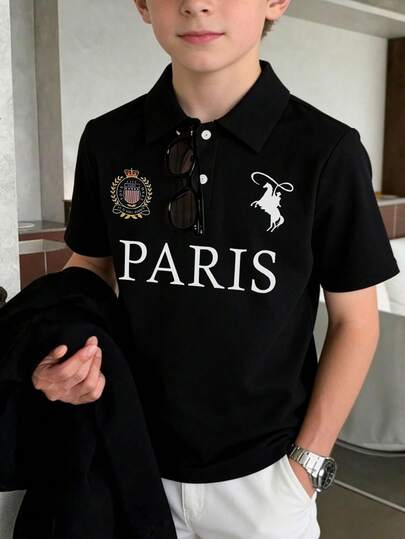 1pc Casual Printed Short Sleeve T-Shirt Polo Shirt, Summer Top For Boys, Young Student Clothing