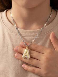 1件个性化时尚英文字母吊坠项链，不锈钢链，字母项链，适合男孩、女孩、儿童、家人、朋友，生日礼物，日常佩戴 - 金色 - 查看 2