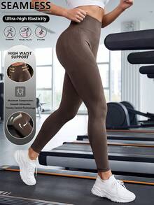 Women's High Waist Leggings Soft Stretch Tummy Control Sports Yoga Running Pants One Size And Plus Size - Coffee Brown - View 1