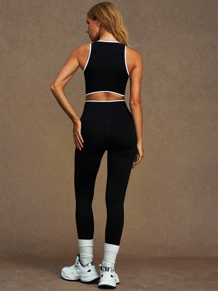 VVX Women Workout Sets 2 Piece Color Block Halter Neck Sports Bra Removable Pads Tummy Control High Waist Leggings Seamless Yoga Outfits Set With Contrast Trim For Gym Active Sports Casual Dailywear All Season - Black - View 6