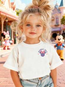 Disney Girls' T-Shirt, Minnie Mouse Alphabet Design Double-Sided Print, Summer Cotton Crew Neck Short Sleeve For Girls, Suitable For Everyday Wear, Vacations, Outdoor Activities, And As A Gift For Children. - trắng - Xem 2