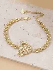 15th Anniversary Gold-Tone Bracelet, Heart & Butterfly Shaped Decor, Fashion Party Jewelry, Adjustable Chain, Ideal Gift For Teenage Girls (2026 New Arrival)