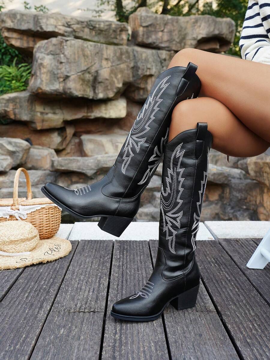 New Fashion Women's Pointed Toe Chunky Heel Embroidered Western Boots - Black - View 1