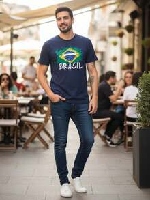 Brazilian National Team Fan T-Shirt With Green And Yellow Flag, Unisex Casual Shirt, World Cup Brazil - Navy Blue - View 5