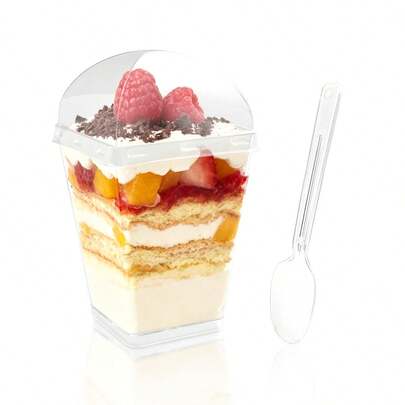 30/60/90 Stücke transparente Partybechermit Bogendeckeln und klaren Löffeln, 5oz quadratische Dessertbecher, Backförmchen, Backen Verpackung & Verpackung - leicht und tragbar - perfekt für Geburtstag, Hochzeit, Outdoor, Ostern, Eid, Feiertagsleckereien