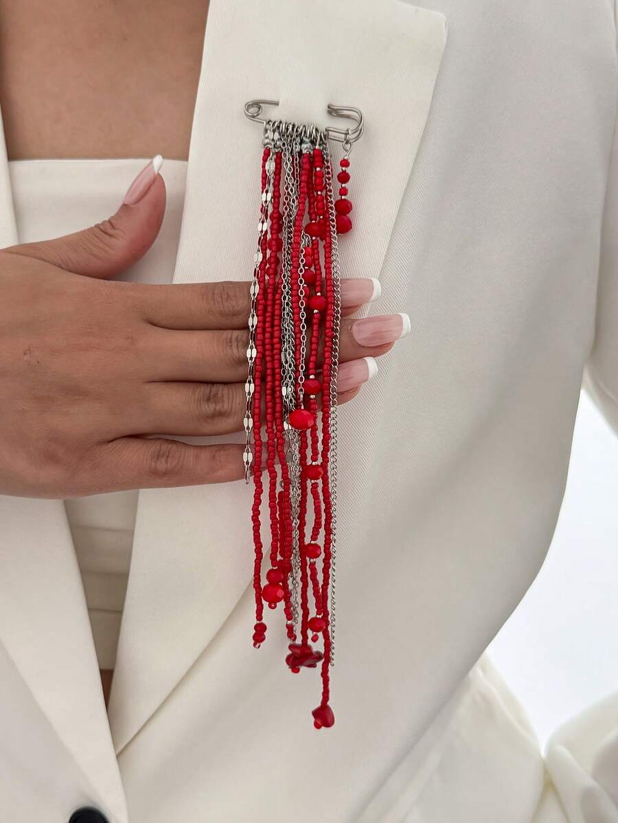 1枚复古串珠流苏时尚胸针，适合休闲、派对、约会、女士节日等场合，百搭饰品礼品。 - 彩色 - 查看 1