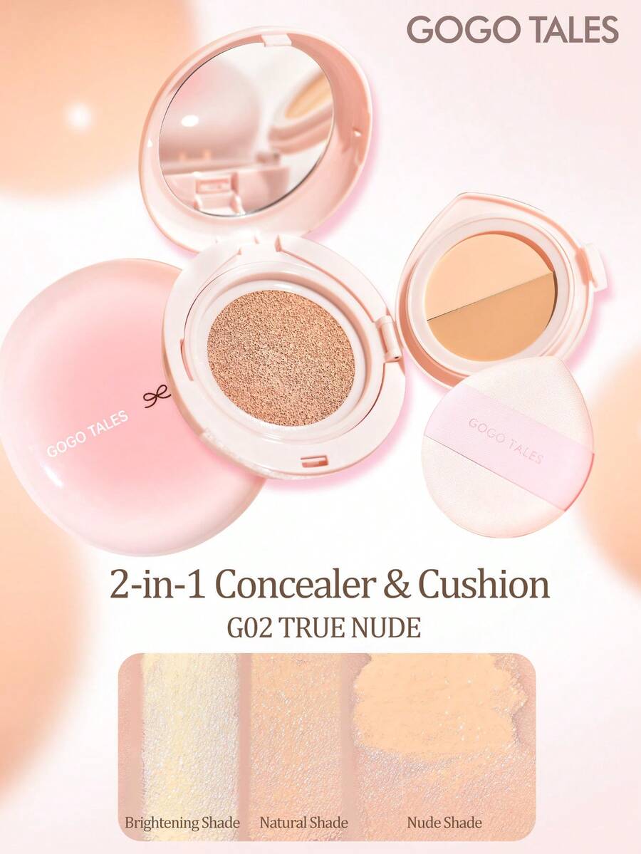 GOGO TALES Kem che khuyết điểm và kem nền dạng cushion Porcelain Light-Infused, kem che khuyết điểm dạng lì và kem nền dạng cushion lâu trôi, kiểm soát dầu, bảng màu 2 trong 1 dành cho da hỗn hợp, da dầu và da khô, phù hợp cho học sinh, GOGOTALES - G02 Khỏa thân thật - Xem 1