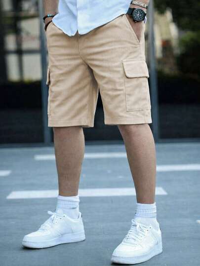 1件装 男童宽松多口袋休闲户外灯芯绒纯色短裤，春夏秋季新品