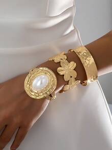 3pcs/Set Rivet Flower Ruffle Faux Pearl Metal Geometric Bracelet Set For Women, Jewelry Accessories - Yellow Gold - View 1