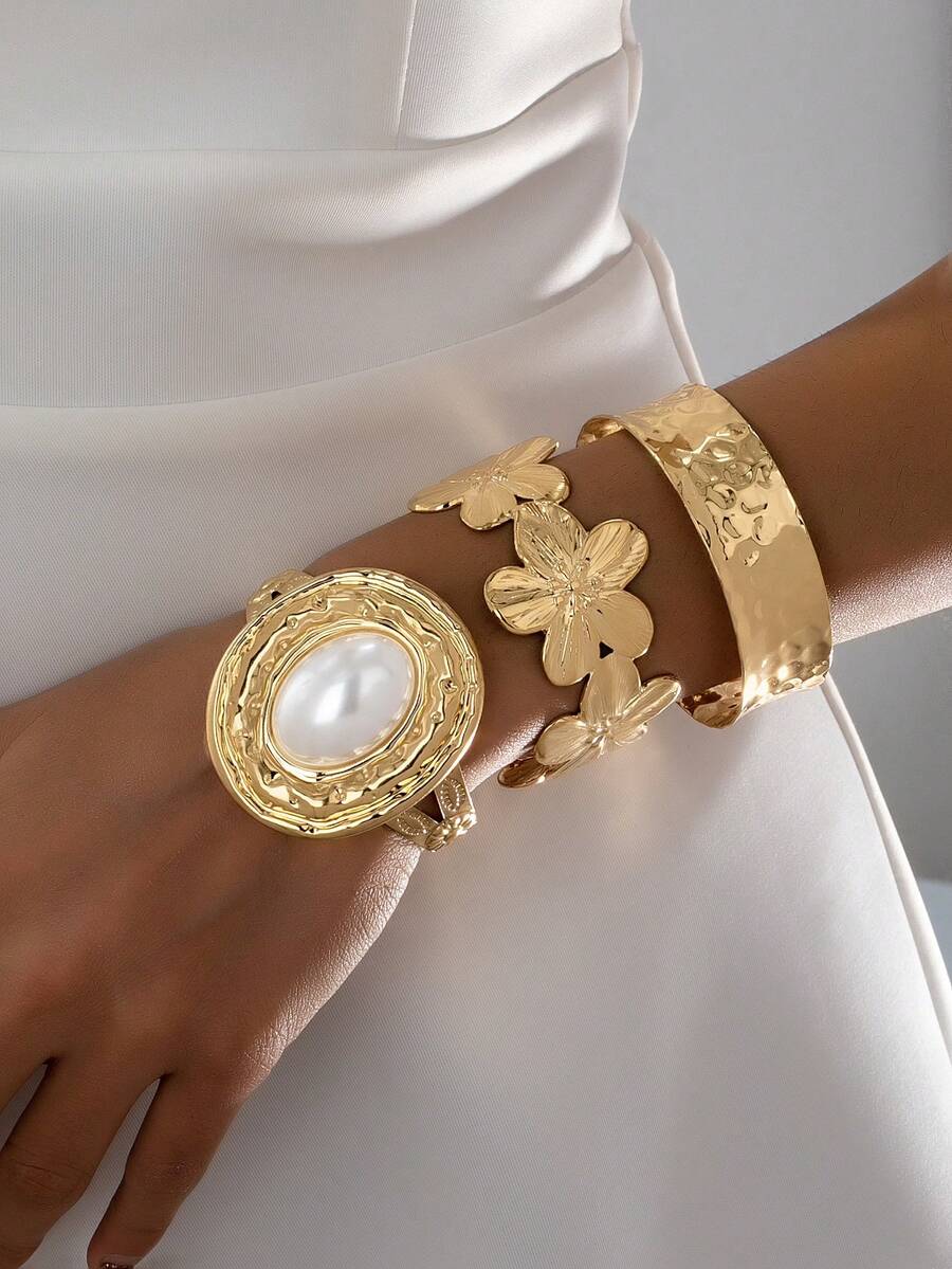 3pcs/Set Rivet Flower Ruffle Faux Pearl Metal Geometric Bracelet Set For Women, Jewelry Accessories - Yellow Gold - View 1