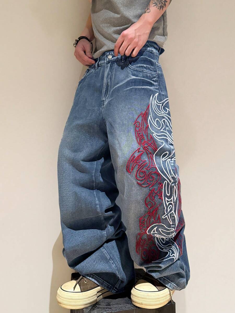 1pc Infinite Jeans Hong Kong Style High Street 3D Embroidery Floral Fashion Versatile Men's Washed Loose Wide Leg Jeans (Product Does Not Include Belt And Accessories) - Medium Wash - View 1