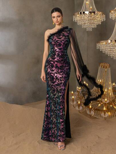 Vestido de noche de sirena con lentejuelas y adorno de plumas asimétrico para mujer, diseño de abertura alta, elegante y formal, adecuado para celebraciones de aniversario, galas formales, fiestas festivas, Nochevieja, eventos de alfombra roja y talla grande