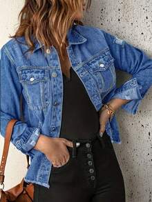Plus Size Women Distressed Denim Jacket - Button Down Long Sleeve Coat, Frayed Hem, Casual Ripped Style Suitable For All Figures - Medium Wash - View 3