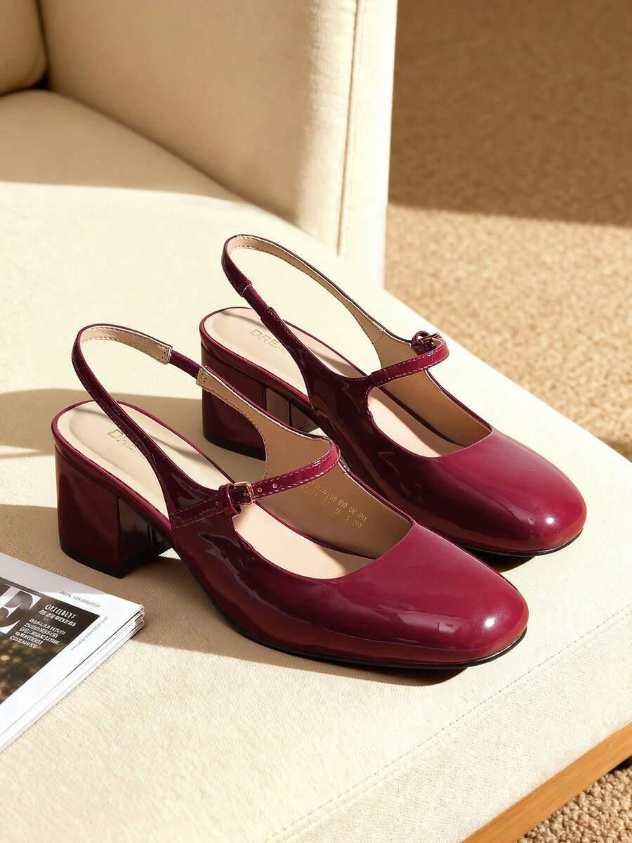 Women's Mary Jane Low Chunky Heels Slingback Closed Square Toe Dress Shoes Elegant Wedding Party Work Office Pumps Shoes - 酒紅色 - 查看 1