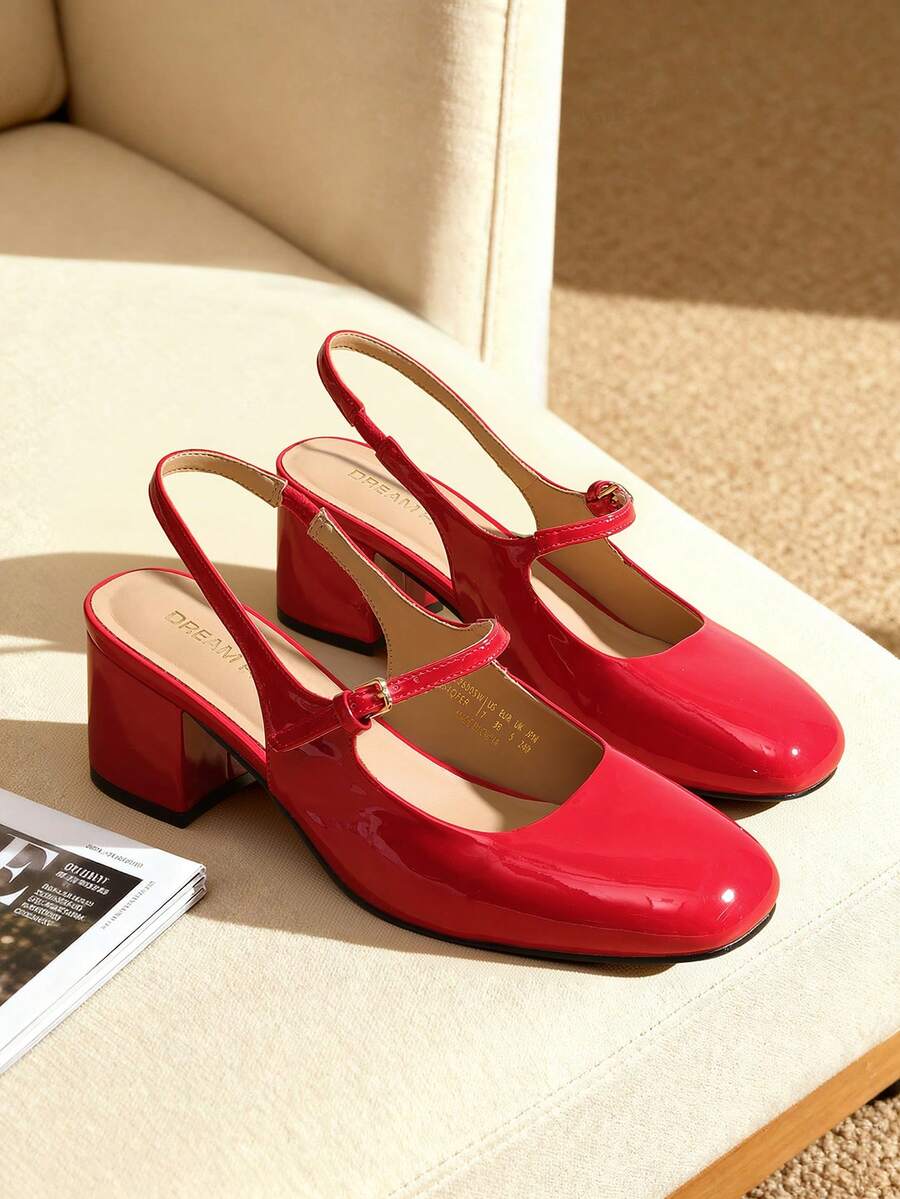 Women's Mary Jane Low Chunky Heels Slingback Closed Square Toe Dress Shoes Elegant Wedding Party Work Office Pumps Shoes - 紅色 - 查看 1