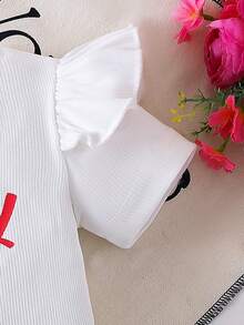 2件套女婴樱桃字母印花荷叶边袖T恤和蝴蝶结牛仔百褶裙套装 - 白色 - 查看 5