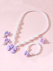5pcs/Set Girls Cute Bow Pearl Jewelry Set, Includes Necklace, Bracelet, Earrings And Ring, Suitable For Girls Daily Wear And Party Birthday Gift - Multicolor - View 2