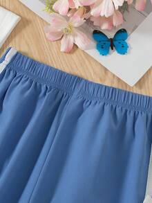 2pcs Girls Casual Outgoing Fashion Letter & Bow Print Drop Shoulder Short Sleeve Top And Solid Color Bow Decor Elastic Waist Pants Set, Spring/Summer - Blue - View 8