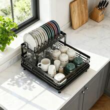Dish Drying Rack, 2 Tier Dish Rack For Kitchen Counter, Dish Rack With Drain Board And Mat, Dish Drainer With Knife, Fork And Cup Holders, Gifts For Women, Mother's Day, Cool Stuff And Kitchen Gadgets - 黑色 - 查看 4