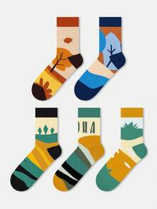 1/5 pares de calcetines unisex con pintura de naturaleza, diseños de hojas de árbol y florales, diseño artístico, algodón peinado, adecuado para viajes, hogar, oficina, vacaciones, regalo - Multicolor - Ver 18