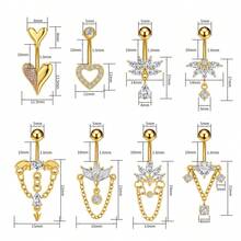 14G Dangle Belly Button Rings - Surgical Steel Golden And Silvery Bar With Heart CZ And Chain Piercing Jewelry For Women - Multicolor - View 2