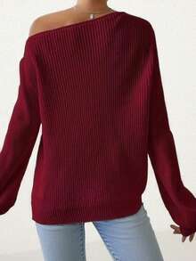 V-Neck Casual Loose Pullover Knit Sweater, Long Sleeve Women Knitwear - Red - View 3