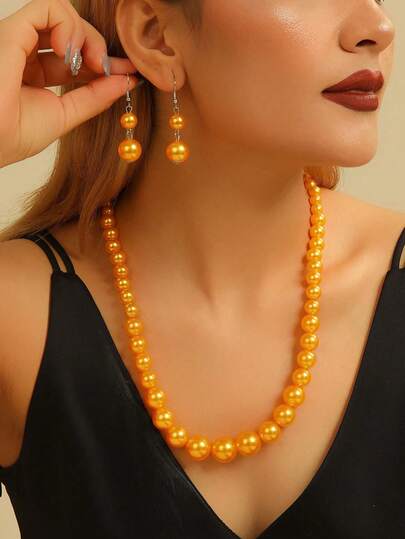 Exaggerated Multi-Layer Catkin Handmade Beaded Faux Pearl Necklace, Vintage Boho Style Necklace, Earrings, Suitable For Casual, Friends, Parties