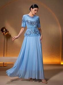 Elegant 2 In 1 Dress, Embellished With Pearls, Sequins And Embroidery, Suitable For Banquet, Party, Holiday And Other Occasions - Sky Blue - View 6