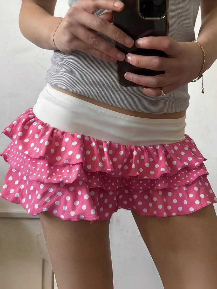 Layered Ruffle Mini Skirt For Women Summer Y2K Polka Dot Print Low Rise A-Line Tiered Short Skirts Party Club Beach Boho Skater Skirts - 粉色 - 查看 1