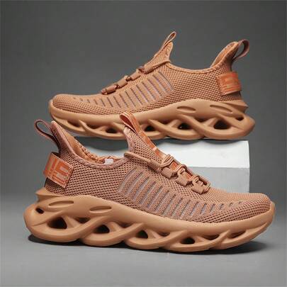 Men's Breathable Mesh Sneakers, Casual Outdoor Running Jogging Shoes, Shock-Absorbing Fashionable Tennis Shoes, Lightweight Knitted Upper Vibrant Color Options (Striped Pattern Random)