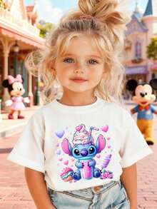 Camiseta para niñas de Disney, estampado de dibujos animados con puntada creativa, de algodón de manga corta y cuello redondo para verano, perfecta para uso diario, vacaciones, actividades al aire como regalo para niños. - Blanco - Ver 2