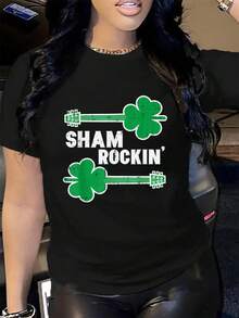 100% Cotton St Patricks Day Guitar Shamrockin Irish Rocker Boys Kids Men T-Shirt Women's Short Sleeve T-Shirt Comfort Soft Crew Neck Tee Tops - màu đen - Xem 1