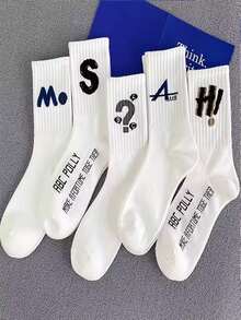 5 Pairs Random Letter Print Men's Mid-Calf Socks, Minimalist & Fashionable, White Socks, Autumn - Multicolor - View 2