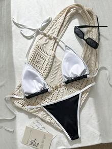 Conjunto de bikini con parte superior halter sin espalda y Bottom tipo tanga en bloques de color, traje de baño para vacaciones en la playa, primavera/verano - Blanco y Negro - Ver 8
