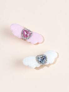 1pc/2pcs/4pcs Valentine's Day Pet Decor Heart Hair Clips, Angel Wings With Heart Rhinestones, Cute Hair Accessories - Pink - View 3