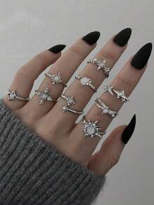 9pcs Silver Rhinestone Star Adjustable Rings Set, Personalized Metal Lava Texture Versatile - Silver - View 6