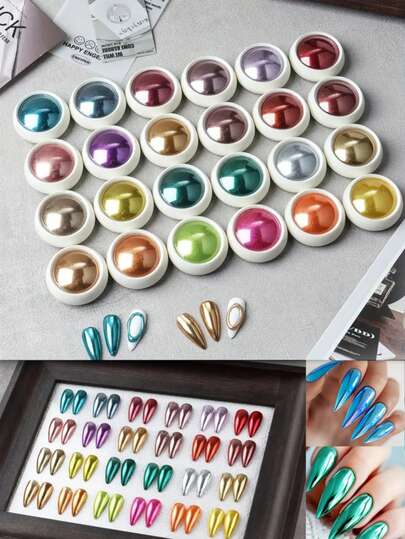 24pcs/Set Magic Mirror Nail Powder Kit, With Metallic Chrome Effect, Suitable For Nail Art, Includes Glitter Powder And Eyeshadow Stick, Perfect For Luxury Nail Decoration And Accessories