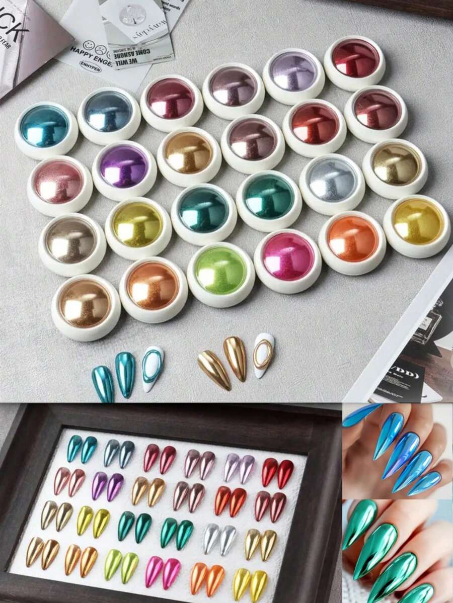 24件套魔镜美甲粉套装，金属铬效果，适合美甲，包含闪粉和眼影棒，是打造奢华美甲装饰的完美之选。 - 彩色 - 查看 1