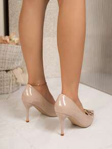 2026新款女士高跟鞋，亮面PU材质，时尚百搭，性感尖头优雅高跟鞋，适合工作和派对场合。 - 杏色 - 查看 2