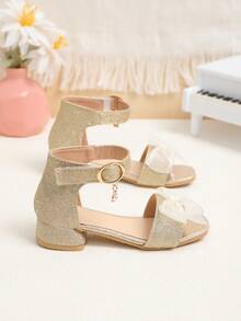 1 Pair Gold Plus Size Girls' Thick Sole Sandals, Shiny Leather Upper With Mesh, Bow Decor, Classic Strap Hoop And Loop Closure, Shiny Pendant Accent, Square Toe, Non-Slip Thick Bottom, Cute Beach Sandals Suitable For 3-15 Years Old Girls, Daily, Casual, Beach, Holiday, Party, Spring/Summer - Gold - View 8