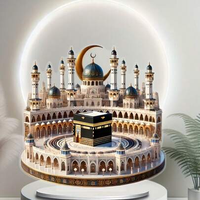 Đồ trang trí Ramadan 2D bằng acrylic, bao gồm hình ảnh nhà thờ Hồi giáo, trăng lưỡi liềm, các vì sao và các họa tiết tinh xảo, được thiết kế để trang trí bàn làm việc trong dịp lễ Ramadan.