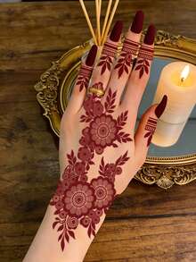 4张棕色、红色、酒红色花卉图案性感脚趾和手部临时纹身贴纸，防水花卉印花人体彩绘纹身，适合女性、婚礼派对 - 紅色 - 查看 4