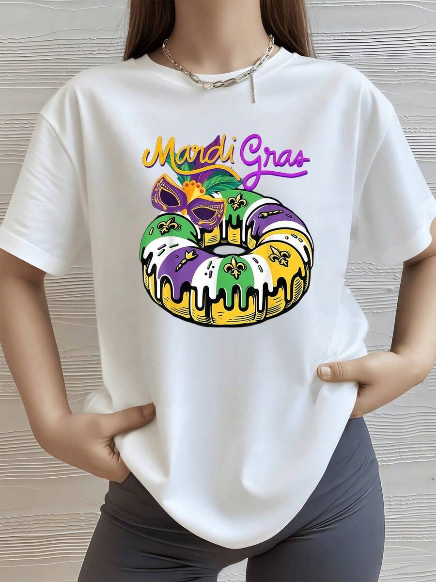 Corona dorada con máscara morada sobre rosca festiva en colores verde amarillo y púrpura evocando celebración Mardi Gras camiseta de mujer 100% algodón 220g - Blanco - Ver 1