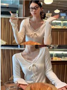 春季新款温柔蕾丝拼接蝴蝶结长袖女式衬衫，修身显瘦 - 白色 - 查看 5