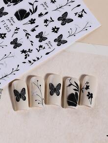 2片黑色蝴蝶花朵美甲贴纸，优雅黑色藤蔓图案，自粘3D美甲贴纸，美甲装饰DIY春季美甲用品，适合女性指甲 - 黑色 - 查看 4