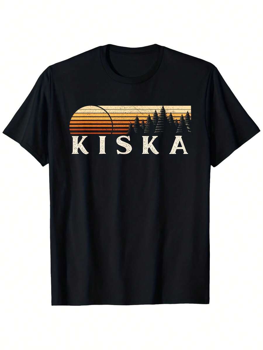 Kiska Men's Vintage 80s Evergreen Sunset Graphic T-Shirt - 180g Heavyweight 100% Cotton R Alaska-Inspired Pine Tree & Kiska Bay Print, Black Casual Outdoor Travel Tee (S-XXXL) - Hi - Black 31 - View 1